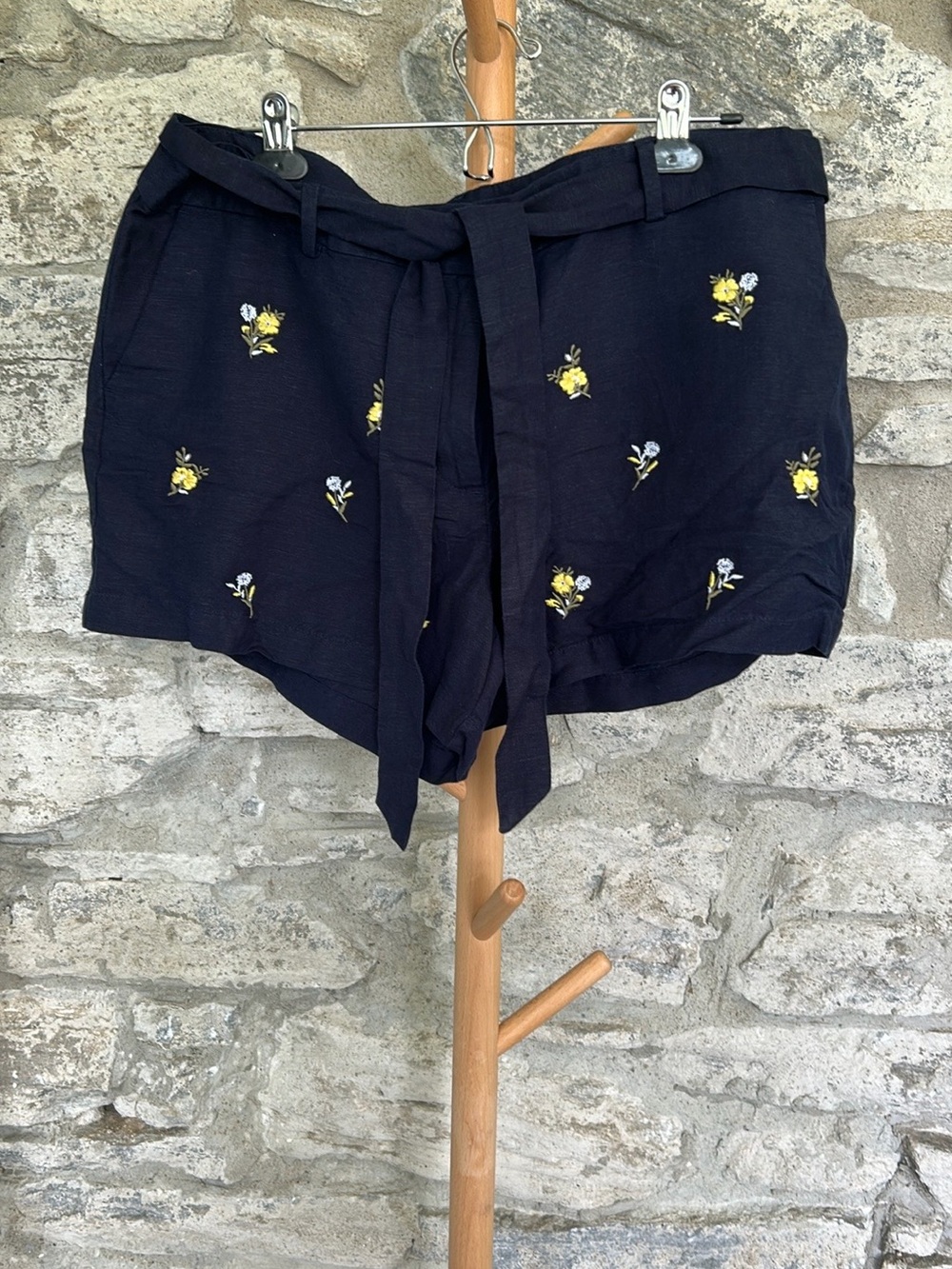 LOFT Navy Tie-Front Embroidered Floral Shorts